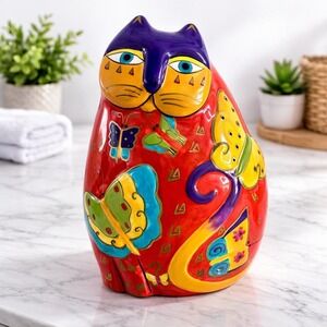 Laurel Burch Red Butterfly Ceramic Cat Coin Bank Whimsical Folk Art Figurinet